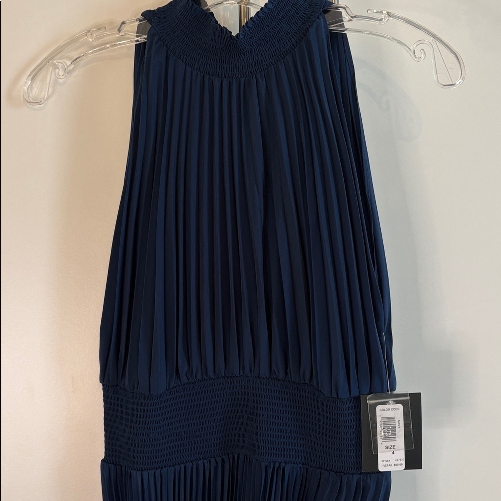 MARINA Deep Blue Knife Pleated Sleeveless Midi Dress - Picture 6 of 12